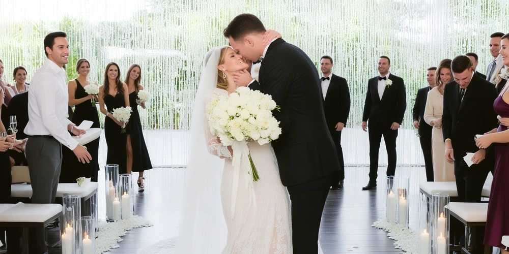 Indoor arch wedding ceremony with bride and groom kiss at Secrets Akumal Riviera Maya