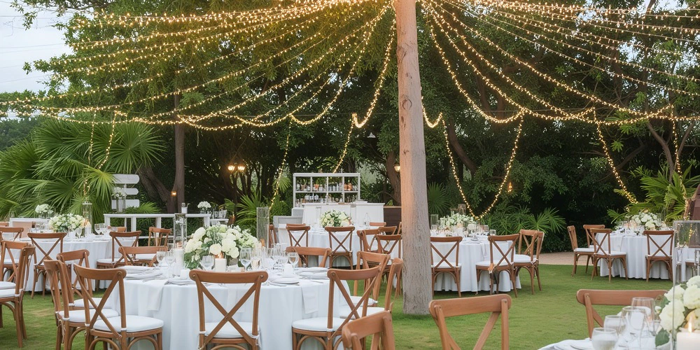 Ceiba Garden outdoor reception setup with string lights and round tables at Secrets Akumal Riviera Maya