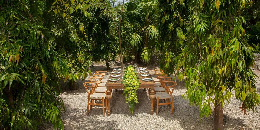Mastiles Garden outdoor reception setup with long wooden table and lush tropical greenery at Secrets Akumal Riviera Maya