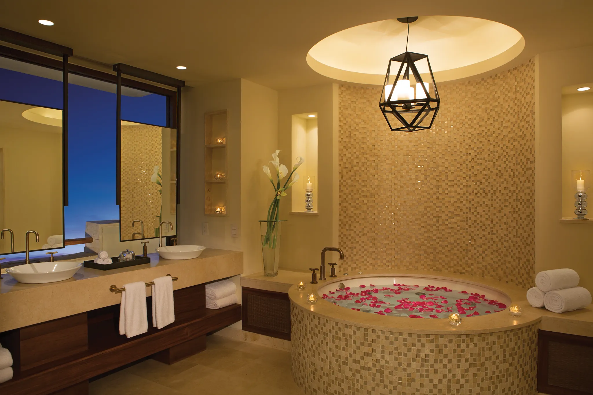 Romance Master Suite Ocean Front bathroom with hot tub for two and double sinks at Secrets Akumal Riviera Maya.